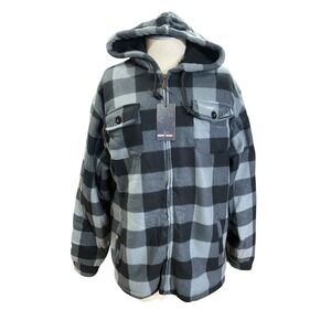 Outerwear Mens Hooded Flannel Jacket L Grey Black Buffalo Plaid Sherpa Lined NWT